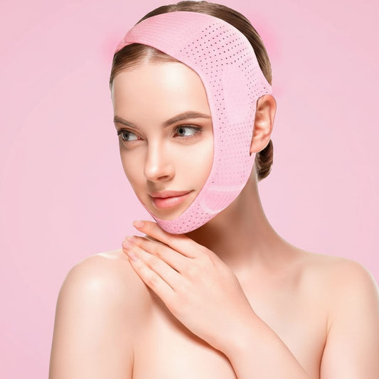 TBF Home Fitness pink face lifting bandage with double chin reducer and anti-aging features.