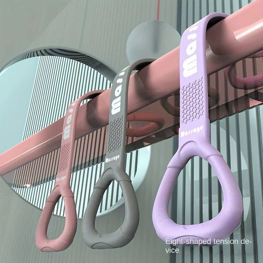 TBF Home fitness figure 8 resistance band in pink, grey, and purple for upper body strength and posture.