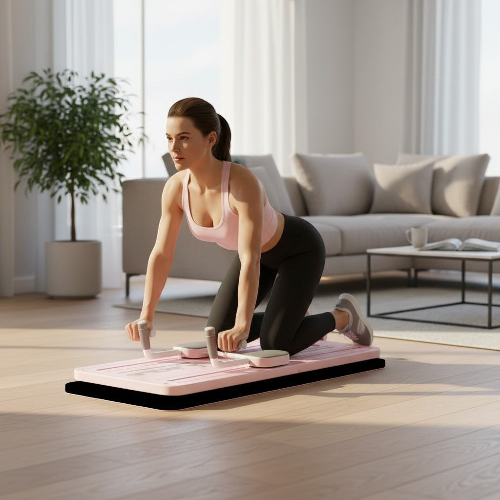 TBF Home fitness pink foldable exercise board with grey handles for Pilates and core training.