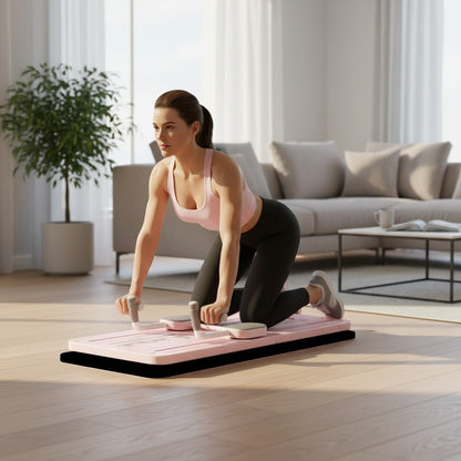 TBF Home fitness pink foldable exercise board with grey handles for Pilates and core training.
