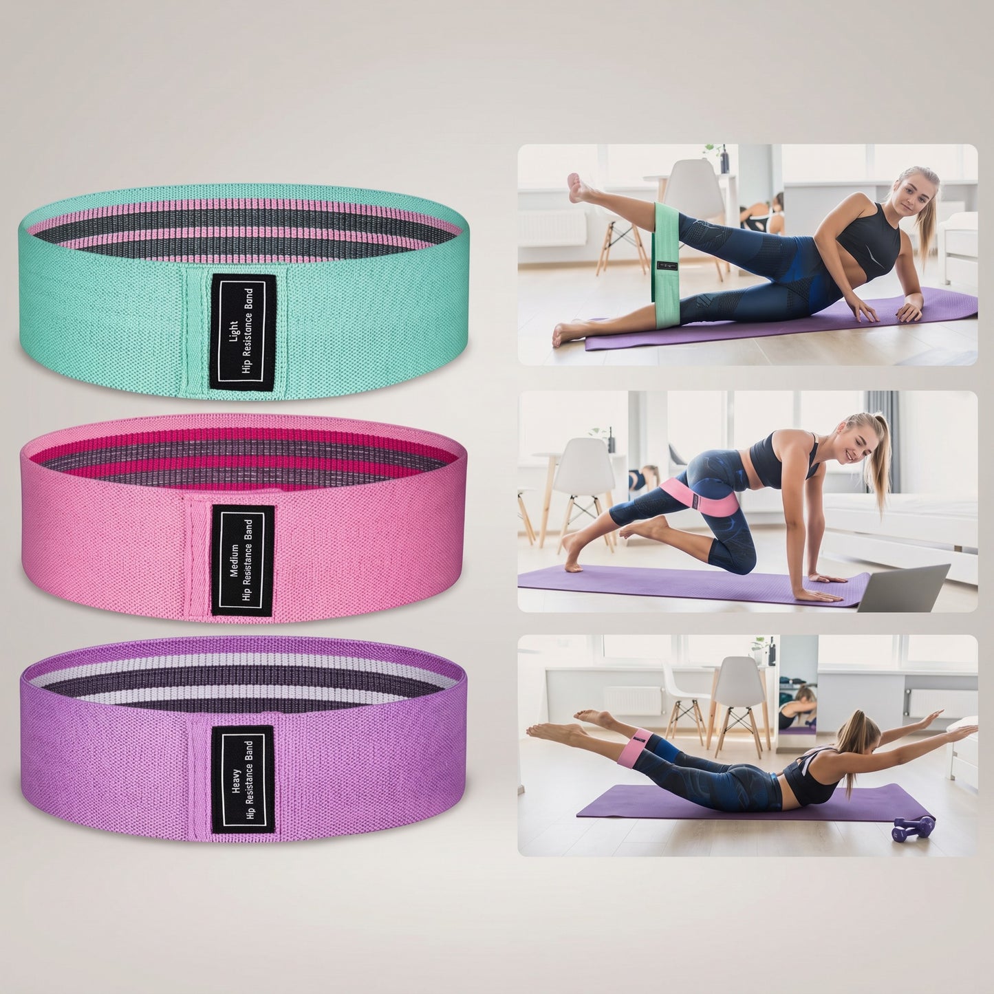 TBF Home Fitness light, medium, and heavy hip resistance bands in teal, pink, and purple. Used for lower body workouts.
