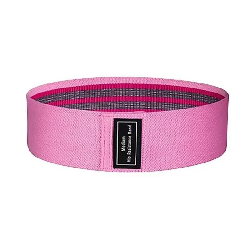 TBF Home fitness pink fabric hip resistance band with grey stripes, medium resistance level for glute and leg workouts.