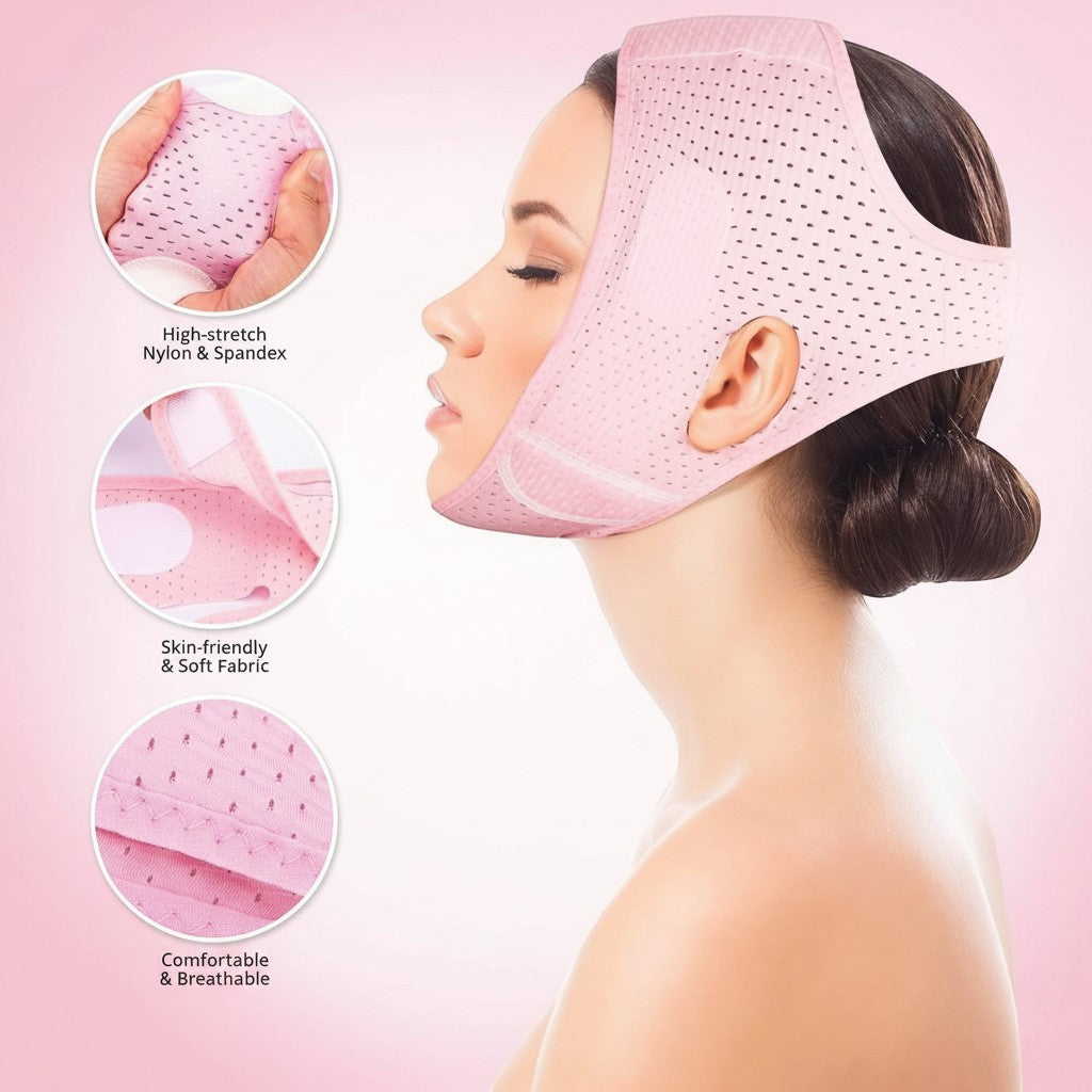 TBF Home fitness pink V-line face mask made of high-stretch nylon & spandex for jawline support and facial contouring.