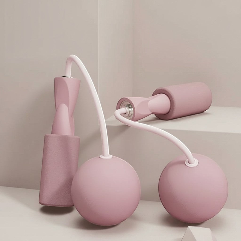 TBF Home fitness pink weighted jump rope with foam handles and large balls for cardio workouts.