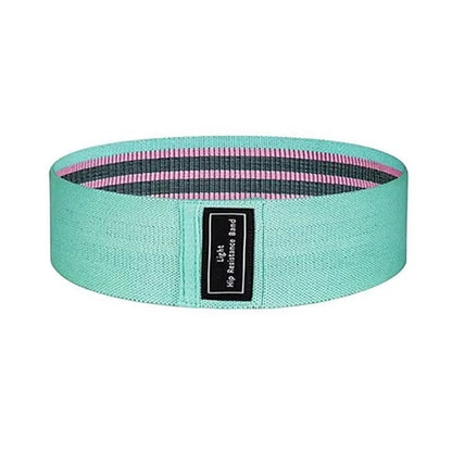 TBF Home fitness light resistance band for hip training and glute workouts, teal fabric with pink and grey stripes.