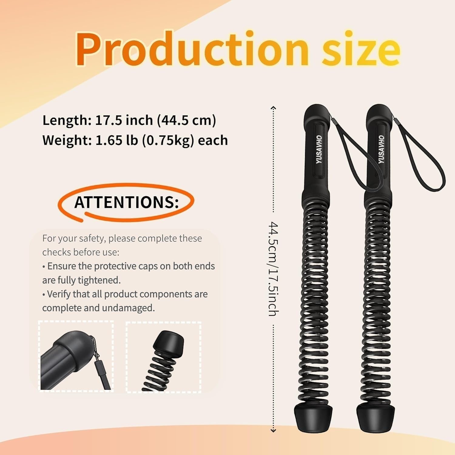 TBF Home fitness black ropeless battle ropes with weighted spring core and non-slip handles, 17.5 inches long.
