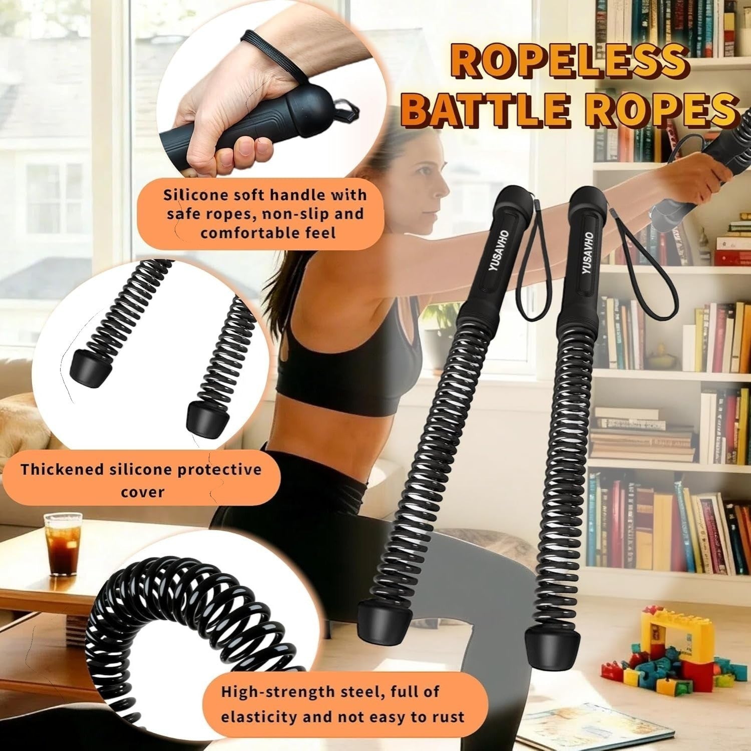 TBF Home fitness ropeless battle ropes with black silicone handles and spring coils for full-body workouts.