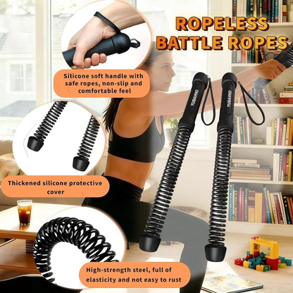 TBF Home fitness ropeless battle ropes with black silicone handles and spring coils for full-body workouts.