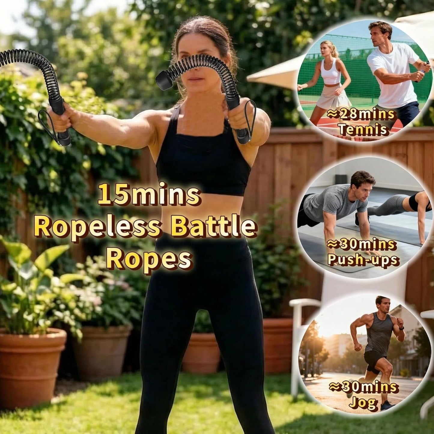 TBF Home fitness woman holding black ropeless battle ropes for portable full-body workouts. Comfortable grip.