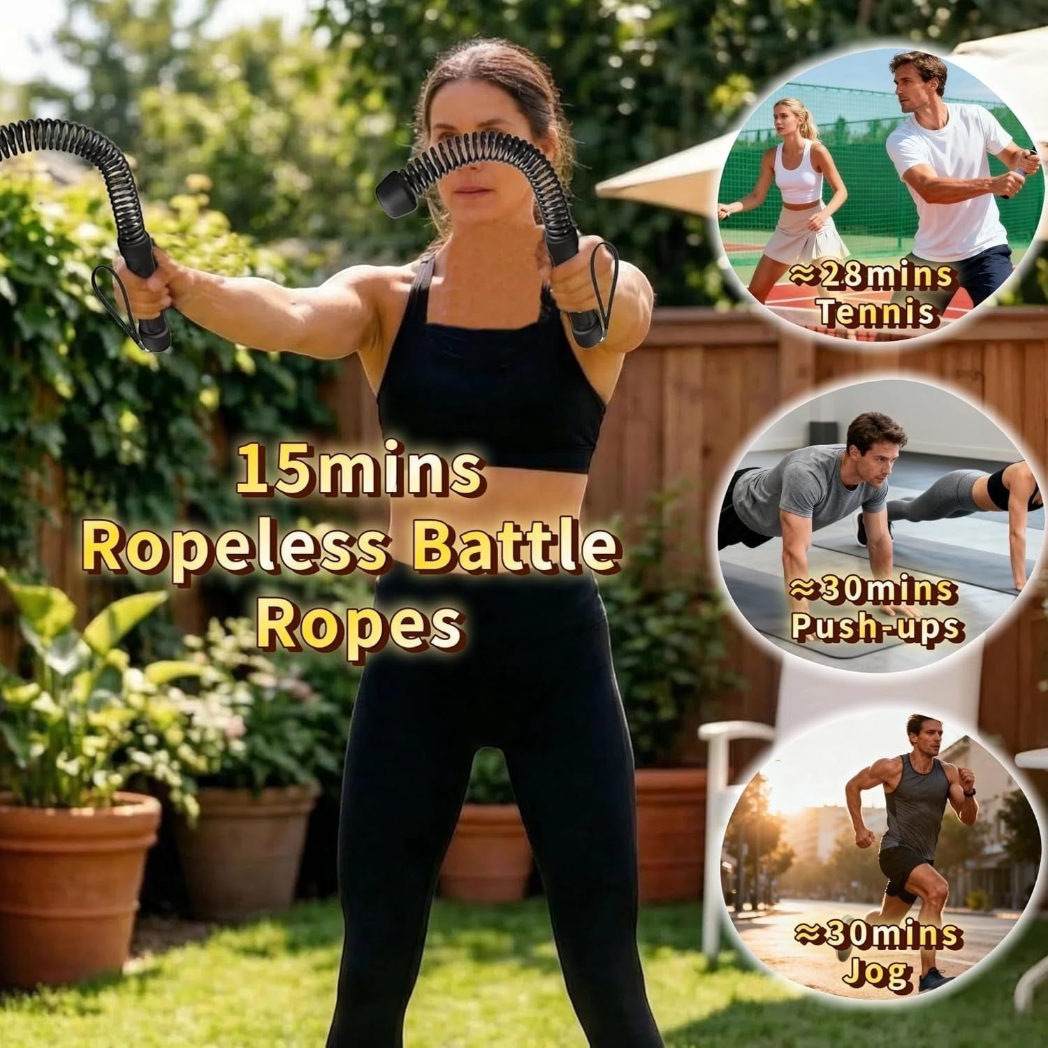 TBF Home fitness woman holding black ropeless battle ropes for portable full-body workouts. Comfortable grip.
