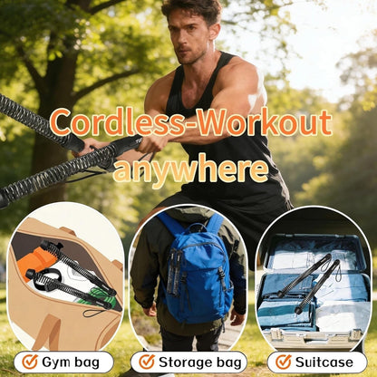 TBF Home fitness man exercising with portable cordless weighted workout ropes outdoors. Ropes shown packed in gym bag, backpack, and suitcase.
