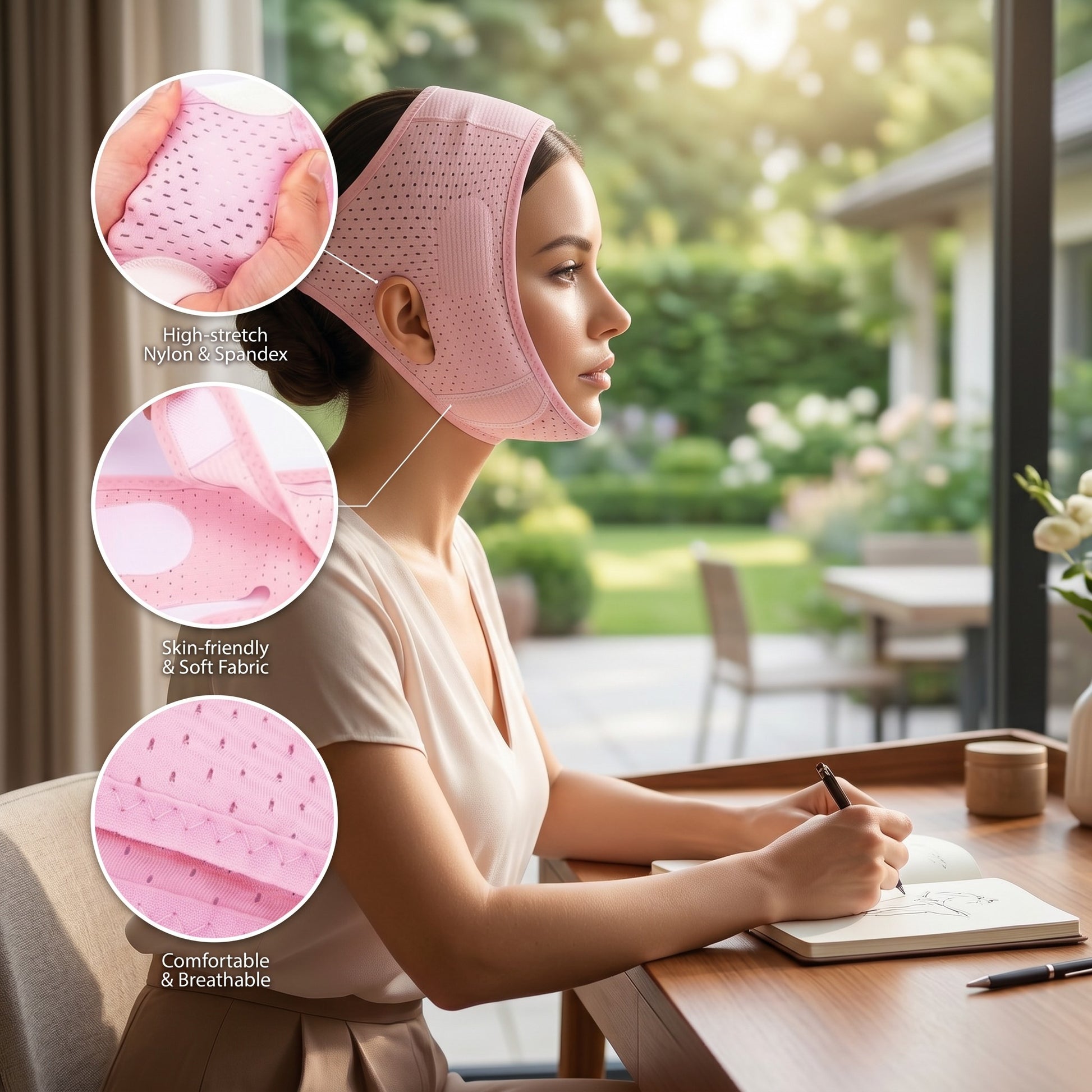 TBF Home fitness pink V-line face mask made of high-stretch nylon & spandex for jawline support and facial contouring.