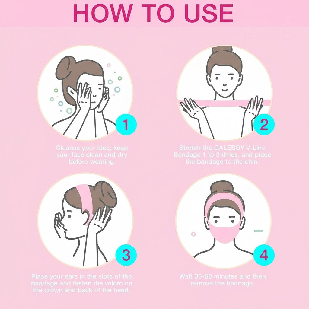 TBF Home Fitness V-Line mask instructions: cleanse face, stretch and apply bandage, place ears in slots, wait 30-60 mins.