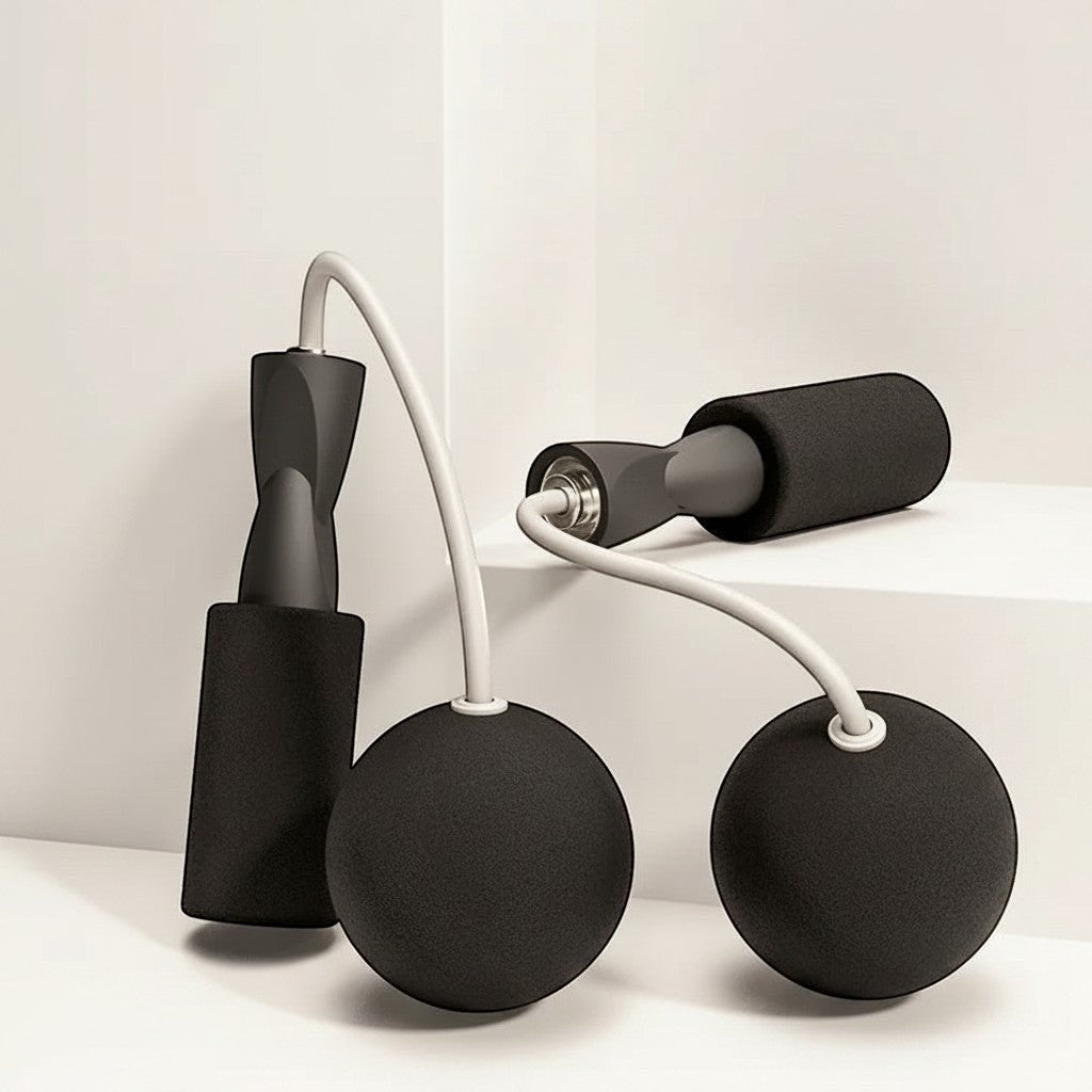TBF Home fitness black weighted jump rope with foam handles and large balls for cardio workouts.