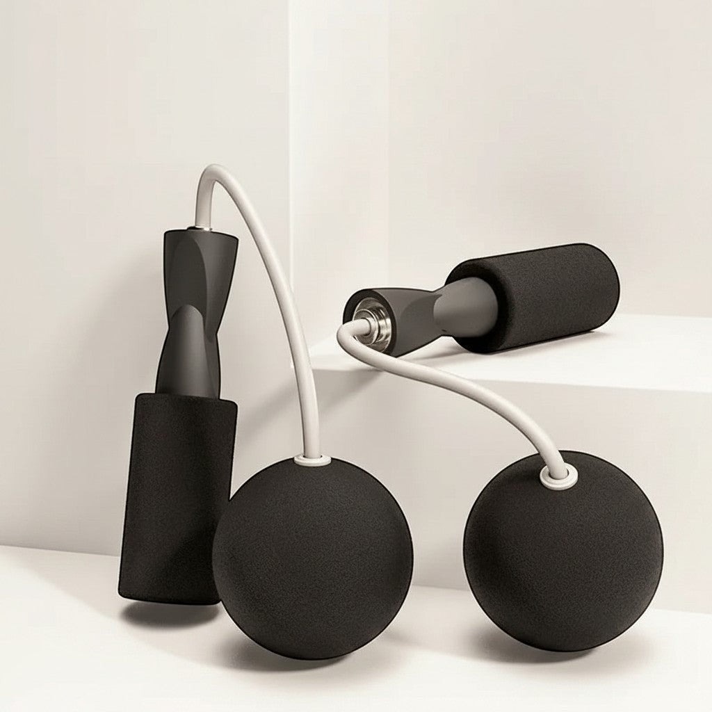 TBF Home fitness black weighted jump rope with foam handles and large balls for cardio workouts.